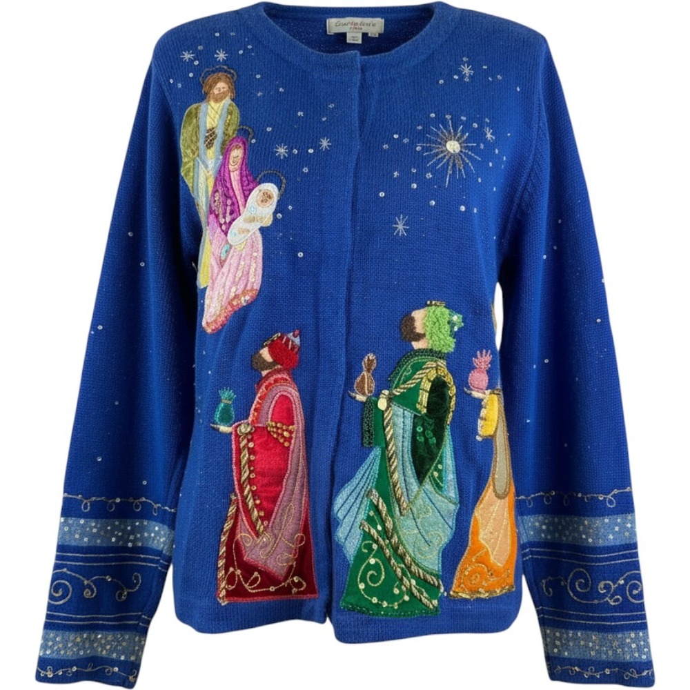 Design Options Nativity Christmas Cardigan Sweater Blue Sequin Religious Medium